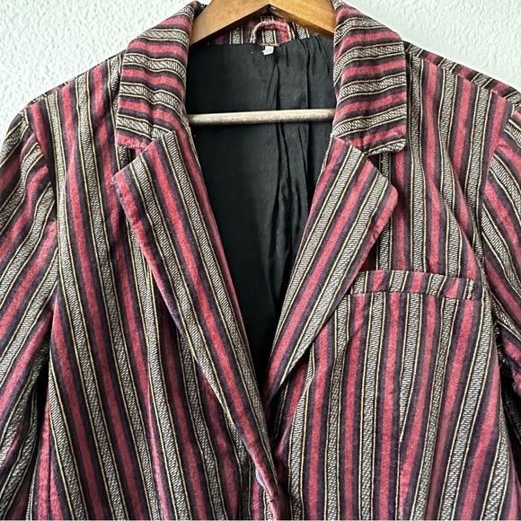 Free People Women’s Striped B Line luxe Red Burgundy‎ Lapeled Blazer Jacket Sz L - Picture 4 of 16